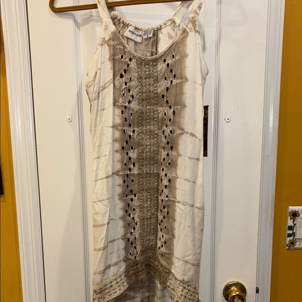 RAYA SUN BROWN AND CREAM SLEEVELESS DRESS OR BEACH COVER UP HI LO HEM SIZE SMALL